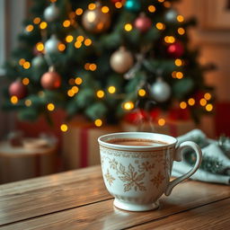 A cozy scene featuring a beautifully arranged cup of steaming coffee placed on a wooden table