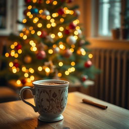 A cozy scene featuring a beautifully arranged cup of steaming coffee placed on a wooden table