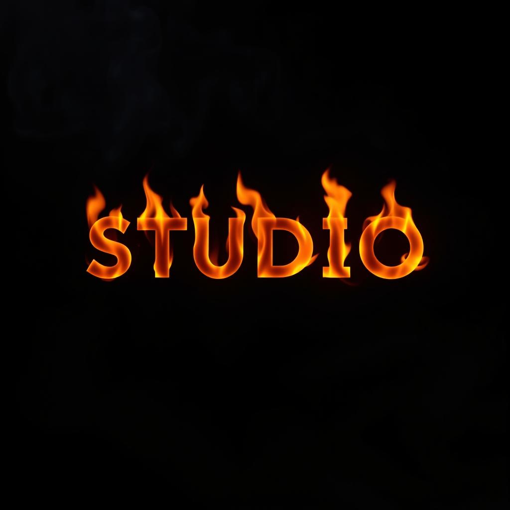 A dramatic black smoky background, with the word 'STUDIO' beautifully rendered in vivid, flickering flames