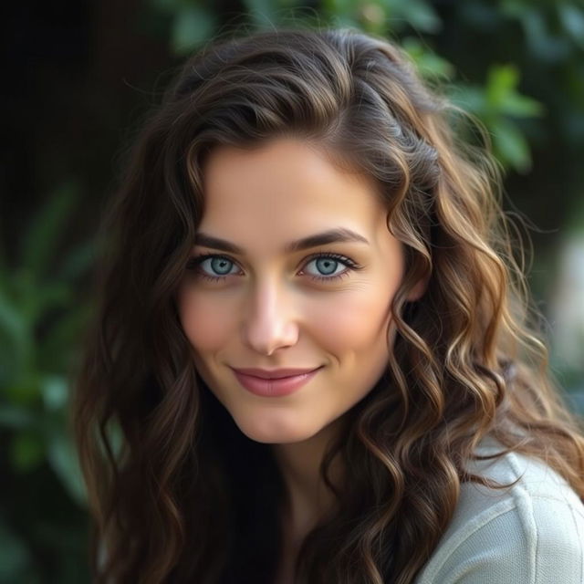 A 29-year-old white woman with long, dark brown almost black curly hair cascading down her shoulders