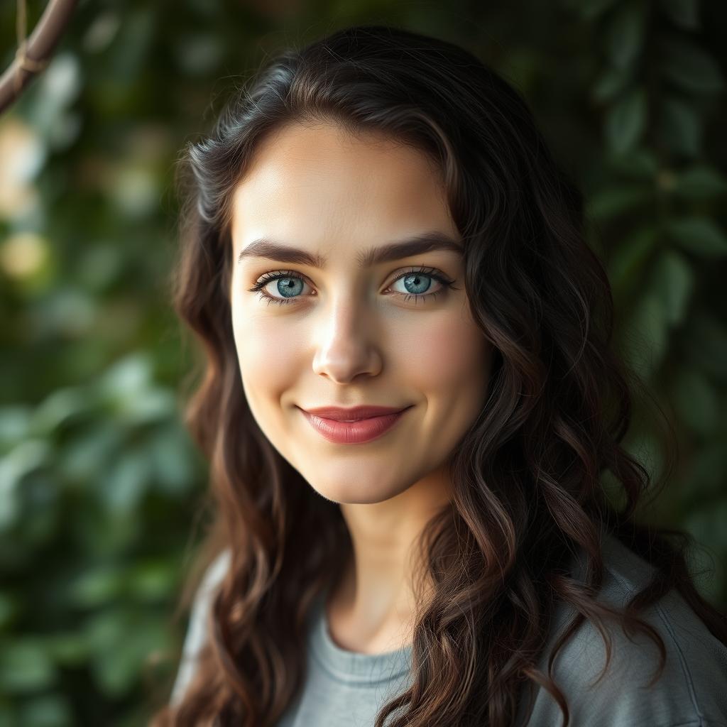 A 29-year-old white woman with long, dark brown almost black curly hair cascading down her shoulders