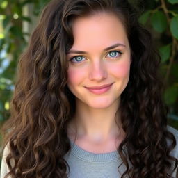 A 29-year-old white woman with long, dark brown almost black curly hair cascading down her shoulders