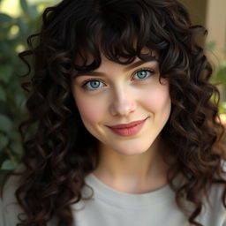 A 29-year-old white woman with long, dark brown almost black curly hair cascading down her shoulders