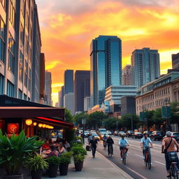 A crisp, clear image of a vibrant urban street scene during sunset