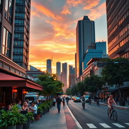A crisp, clear image of a vibrant urban street scene during sunset