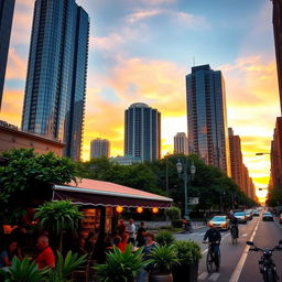 A crisp, clear image of a vibrant urban street scene during sunset