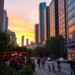 A crisp, clear image of a vibrant urban street scene during sunset