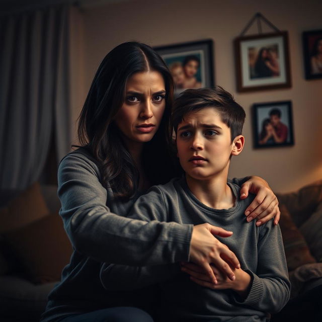 A dramatic, cinematic scene depicting intense emotional tension between a mother and her son, set in a dimly lit living room