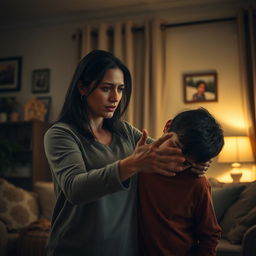 A dramatic, cinematic scene depicting intense emotional tension between a mother and her son, set in a dimly lit living room