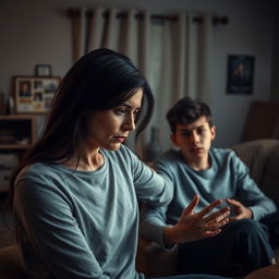 A dramatic, cinematic scene depicting intense emotional tension between a mother and her son, set in a dimly lit living room