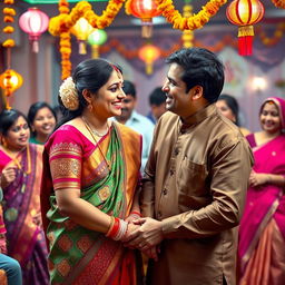 A vibrant and culturally rich scene depicting an affectionate moment between a bhabhi (sister-in-law) and her dever (brother-in-law) at a festive family gathering