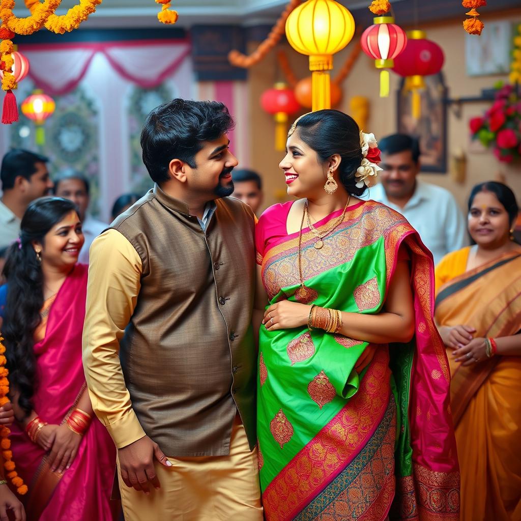 A vibrant and culturally rich scene depicting an affectionate moment between a bhabhi (sister-in-law) and her dever (brother-in-law) at a festive family gathering