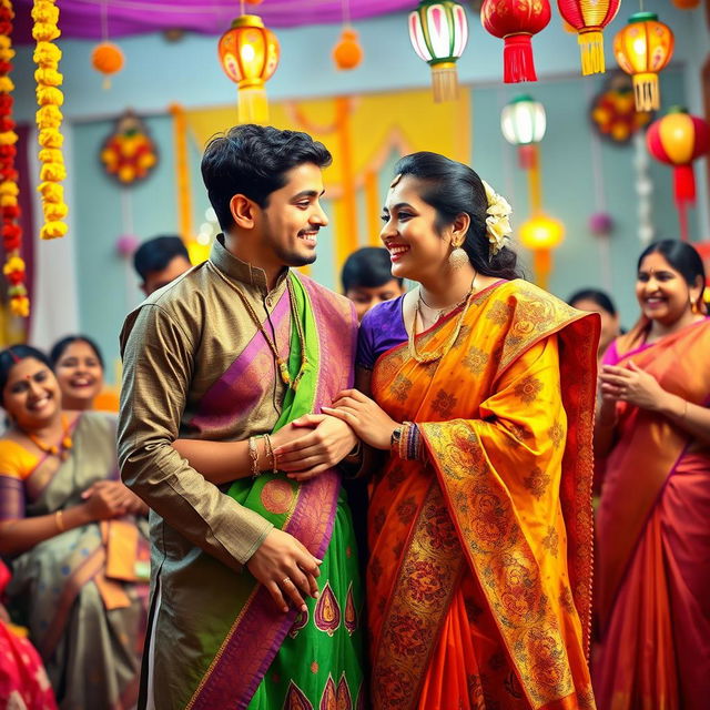 A vibrant and culturally rich scene depicting an affectionate moment between a bhabhi (sister-in-law) and her dever (brother-in-law) at a festive family gathering