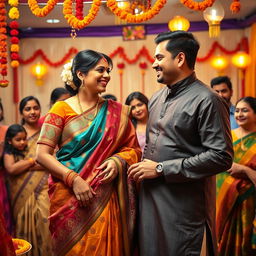 A vibrant and culturally rich scene depicting an affectionate moment between a bhabhi (sister-in-law) and her dever (brother-in-law) at a festive family gathering