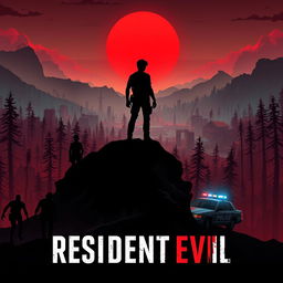 An artistic poster inspired by Resident Evil, characterized by a vibrant post-apocalyptic landscape featuring neon colors and futuristic elements against a dramatic red sunset