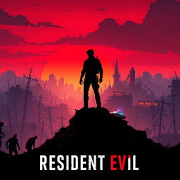 An artistic poster inspired by Resident Evil, characterized by a vibrant post-apocalyptic landscape featuring neon colors and futuristic elements against a dramatic red sunset