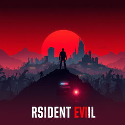 An artistic poster inspired by Resident Evil, characterized by a vibrant post-apocalyptic landscape featuring neon colors and futuristic elements against a dramatic red sunset