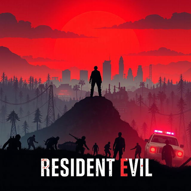 An artistic poster inspired by Resident Evil, characterized by a vibrant post-apocalyptic landscape featuring neon colors and futuristic elements against a dramatic red sunset