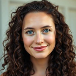 A 30-year-old white woman with long, dark brown almost black curly hair and pale blue eyes