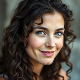 A 30-year-old white woman with long, dark brown almost black curly hair and pale blue eyes