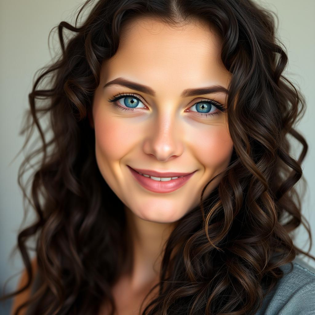 A 30-year-old white woman with long, dark brown almost black curly hair and pale blue eyes