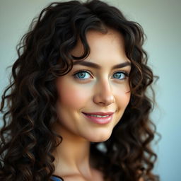 A 30-year-old white woman with long, dark brown almost black curly hair and pale blue eyes