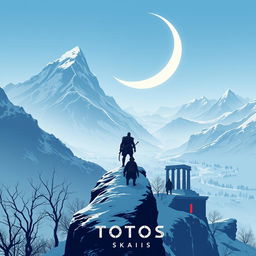 A minimalistic poster featuring the silhouette of Kratos and Atreus standing on a snowy cliff, gazing out over a vast Norse-inspired landscape