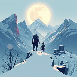 A minimalistic poster featuring the silhouette of Kratos and Atreus standing on a snowy cliff, gazing out over a vast Norse-inspired landscape