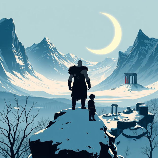 A minimalistic poster featuring the silhouette of Kratos and Atreus standing on a snowy cliff, gazing out over a vast Norse-inspired landscape