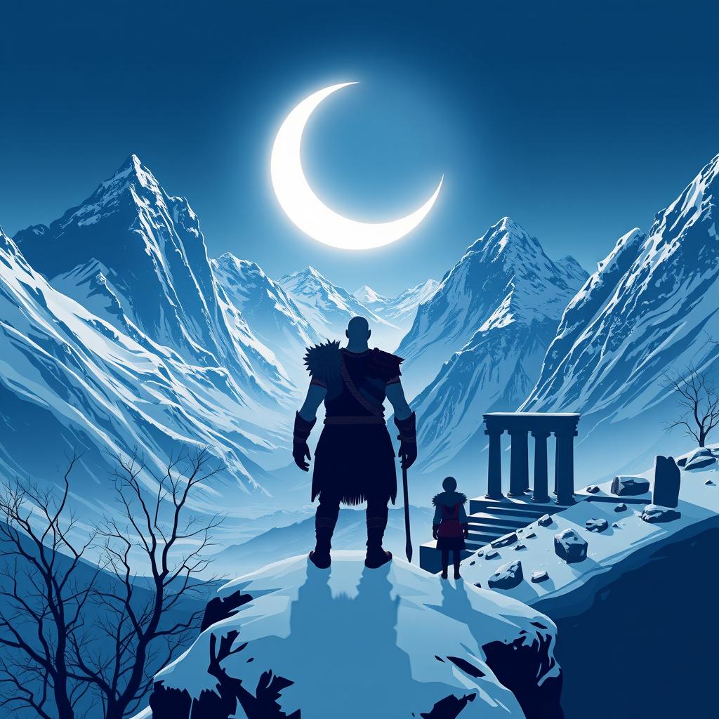 A minimalistic poster featuring the silhouette of Kratos and Atreus standing on a snowy cliff, gazing out over a vast Norse-inspired landscape