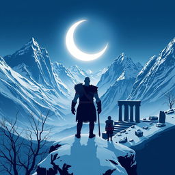 A minimalistic poster featuring the silhouette of Kratos and Atreus standing on a snowy cliff, gazing out over a vast Norse-inspired landscape