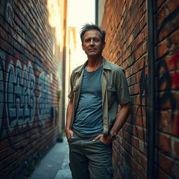 A vivid urban scene depicting a man in casual clothing relieving himself in a discreet alleyway