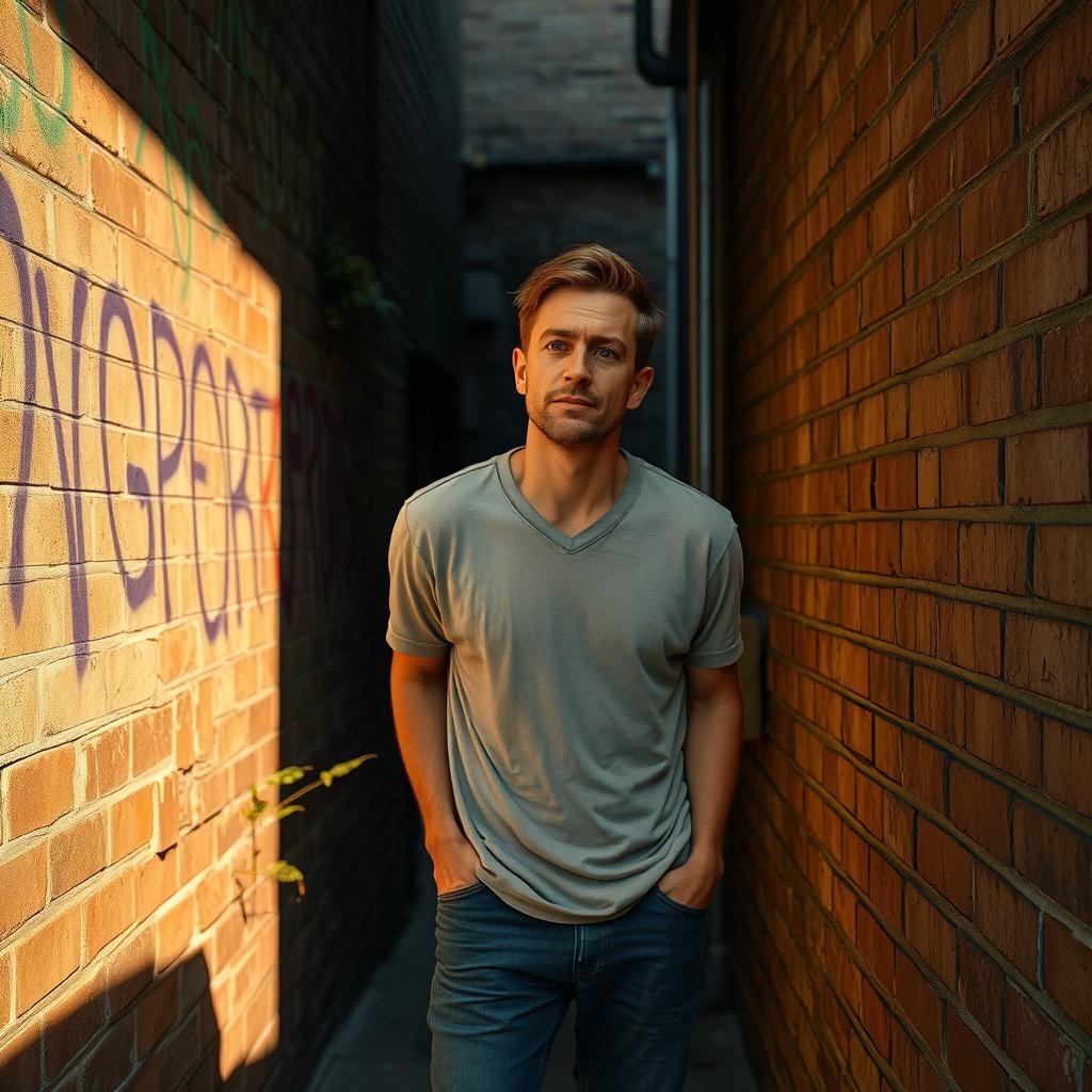 A vivid urban scene depicting a man in casual clothing relieving himself in a discreet alleyway