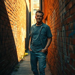 A vivid urban scene depicting a man in casual clothing relieving himself in a discreet alleyway