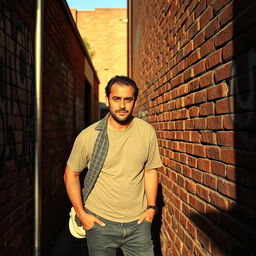 A vivid urban scene depicting a man in casual clothing relieving himself in a discreet alleyway