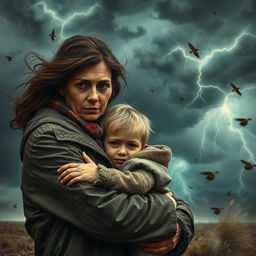 A mother holding her child protectively in front of a powerful storm, with dark clouds swirling and lightning illuminating the sky