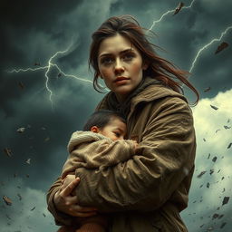 A mother holding her child protectively in front of a powerful storm, with dark clouds swirling and lightning illuminating the sky