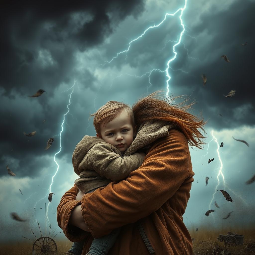 A mother holding her child protectively in front of a powerful storm, with dark clouds swirling and lightning illuminating the sky