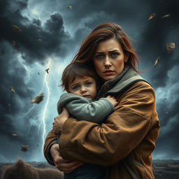 A mother holding her child protectively in front of a powerful storm, with dark clouds swirling and lightning illuminating the sky