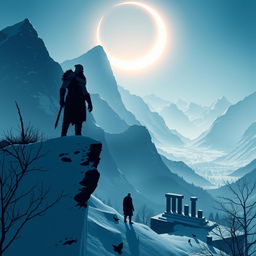 A minimalistic poster showcasing the silhouette of Kratos and Atreus standing on a snowy cliff, overlooking a breathtaking Norse-inspired landscape filled with towering mountains in the distance