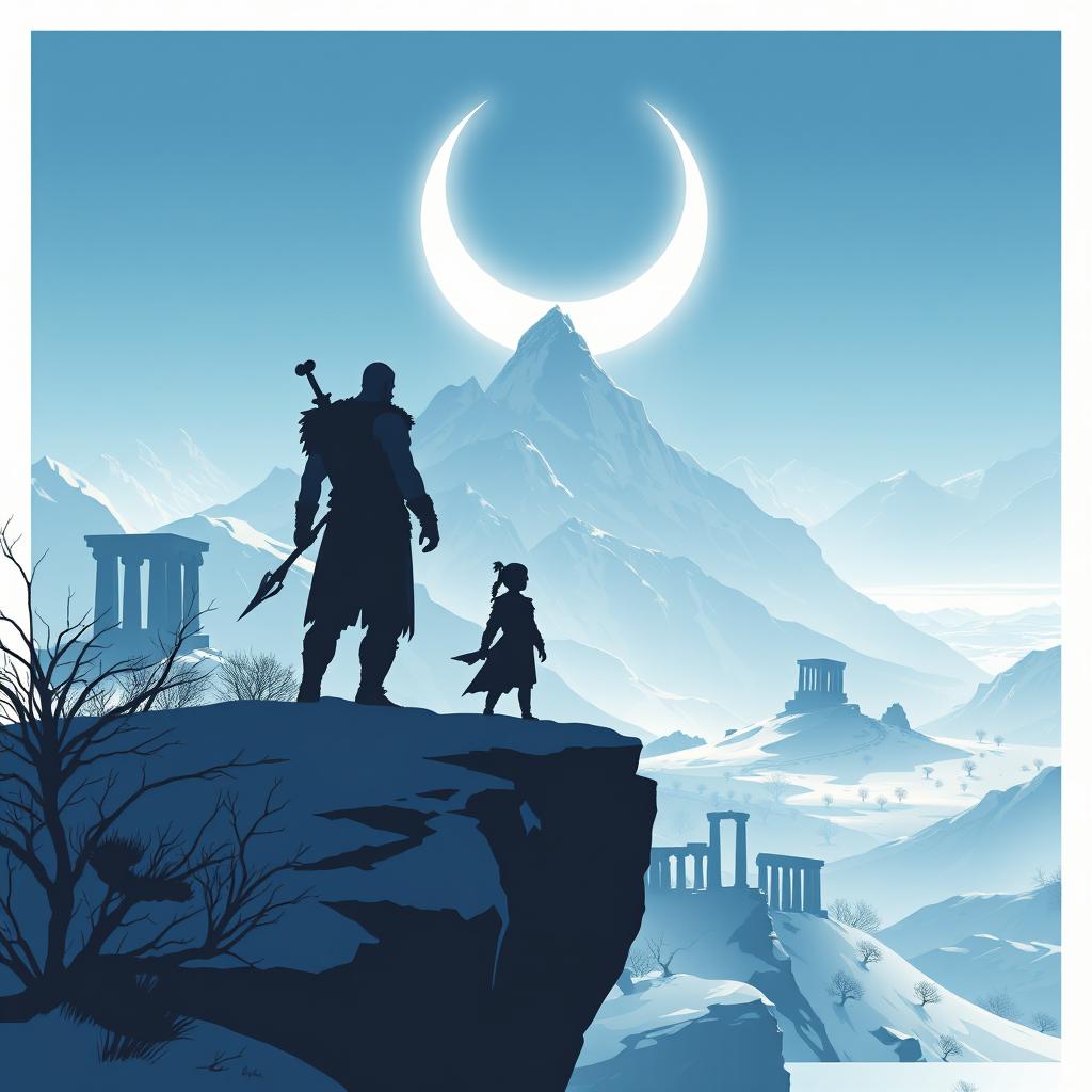 A minimalistic poster showcasing the silhouette of Kratos and Atreus standing on a snowy cliff, overlooking a breathtaking Norse-inspired landscape filled with towering mountains in the distance