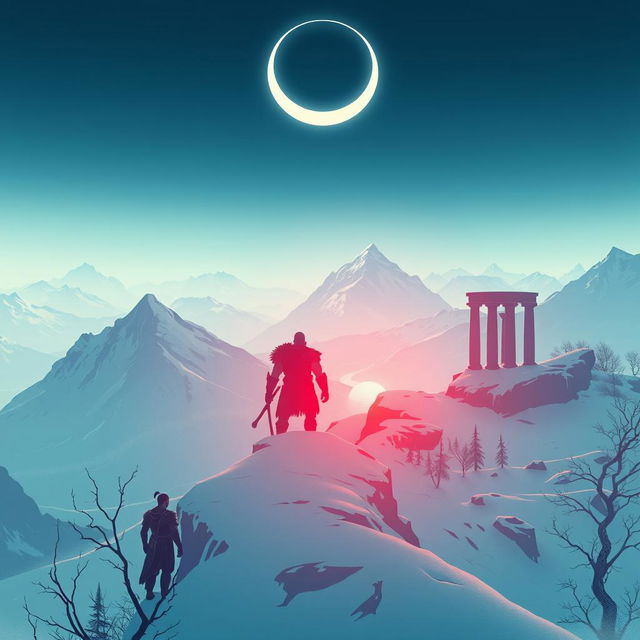 A minimalistic poster showcasing the silhouette of Kratos and Atreus standing on a snowy cliff, overlooking a breathtaking Norse-inspired landscape filled with towering mountains in the distance