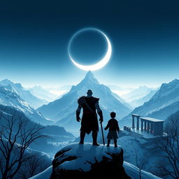 A minimalistic poster showcasing the silhouette of Kratos and Atreus standing on a snowy cliff, overlooking a breathtaking Norse-inspired landscape filled with towering mountains in the distance