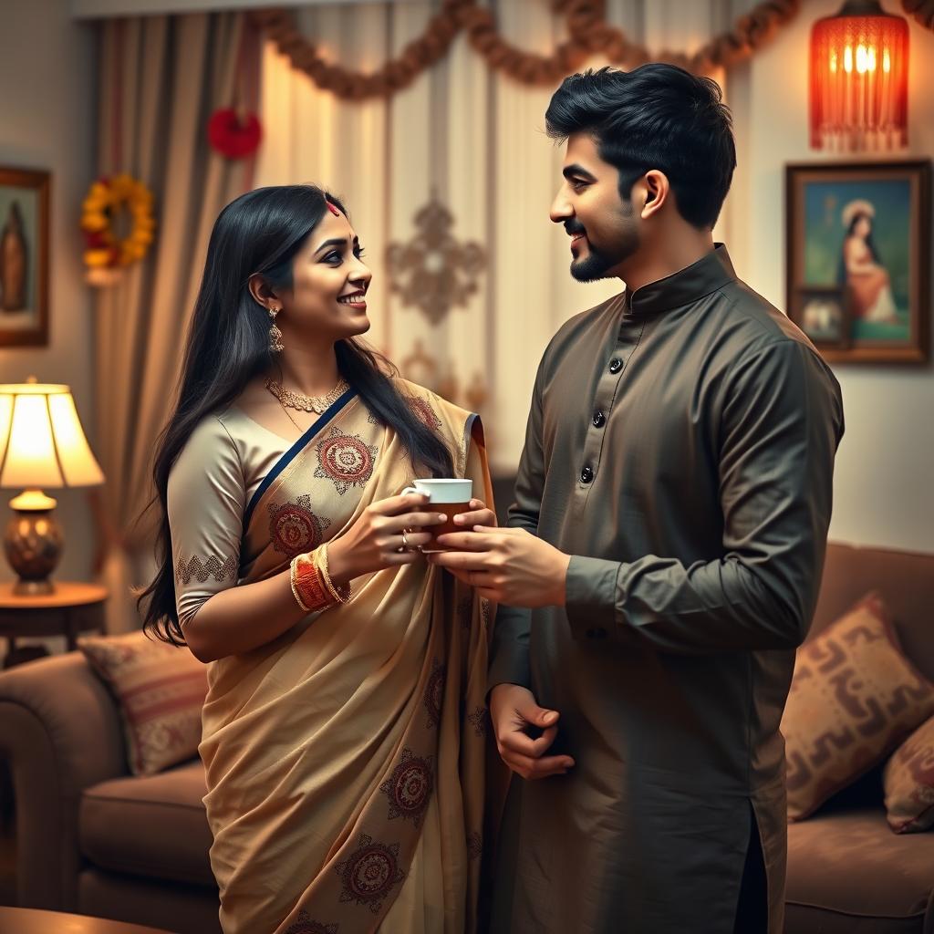 A captivating scene depicting a beautiful Indian woman, wearing a traditional saree with intricate embroidery, gracefully interacting with her younger brother-in-law