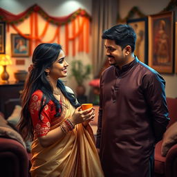 A captivating scene depicting a beautiful Indian woman, wearing a traditional saree with intricate embroidery, gracefully interacting with her younger brother-in-law