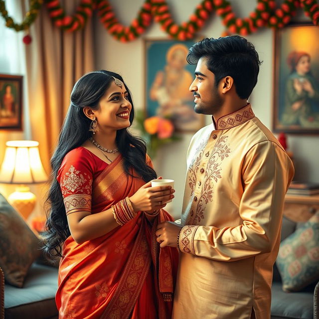 A captivating scene depicting a beautiful Indian woman, wearing a traditional saree with intricate embroidery, gracefully interacting with her younger brother-in-law