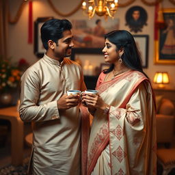 A captivating scene depicting a beautiful Indian woman, wearing a traditional saree with intricate embroidery, gracefully interacting with her younger brother-in-law