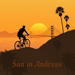 A minimalistic poster inspired by San Andreas, showcasing the silhouette of a man riding a bicycle up a steep hill