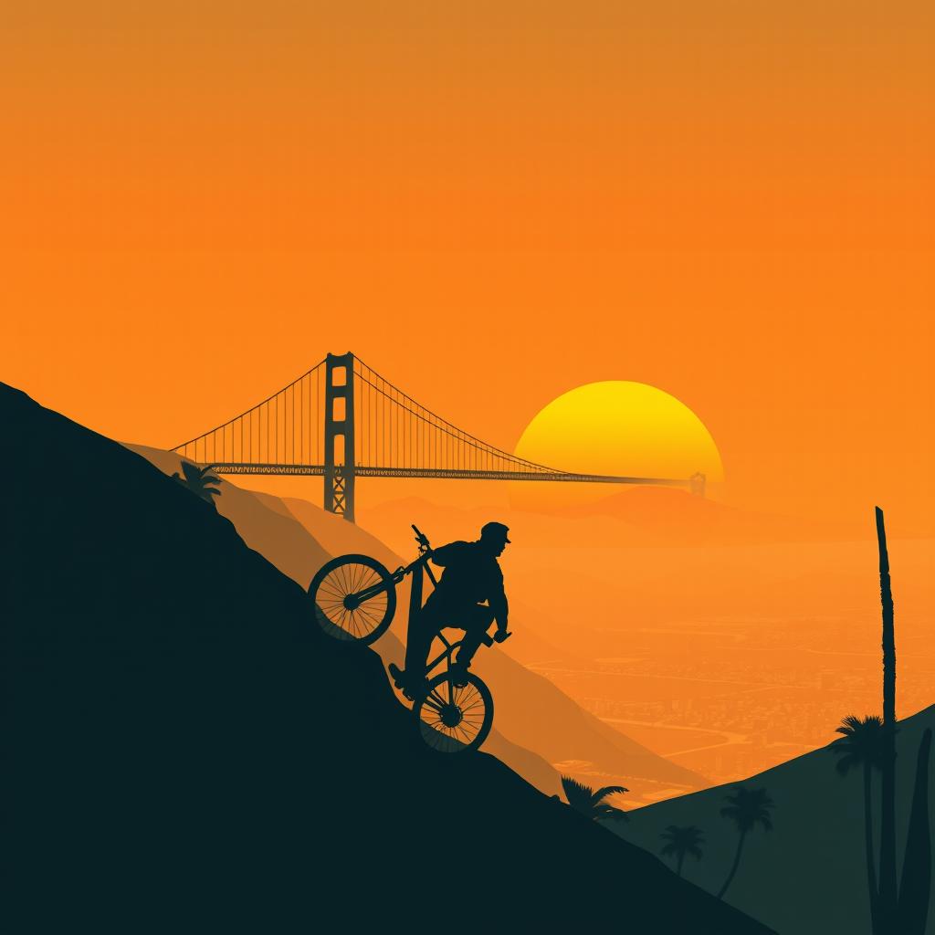 A minimalistic poster inspired by San Andreas, showcasing the silhouette of a man riding a bicycle up a steep hill