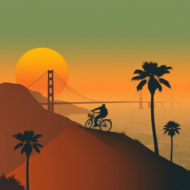 A minimalistic poster inspired by San Andreas, showcasing the silhouette of a man riding a bicycle up a steep hill